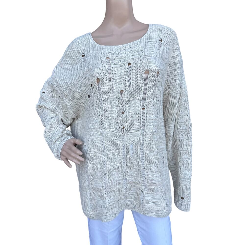 ASOS DESIGN Cream Distressed Drop Stitch Oversized Slouchy Sweater Medium